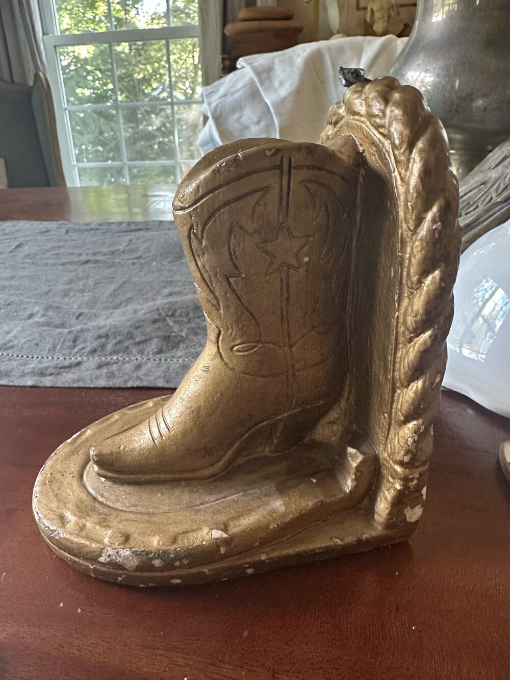Vintage Single Cowboy Boot Horseshoe Texas Bookend gold Western decor 6x5x4”
